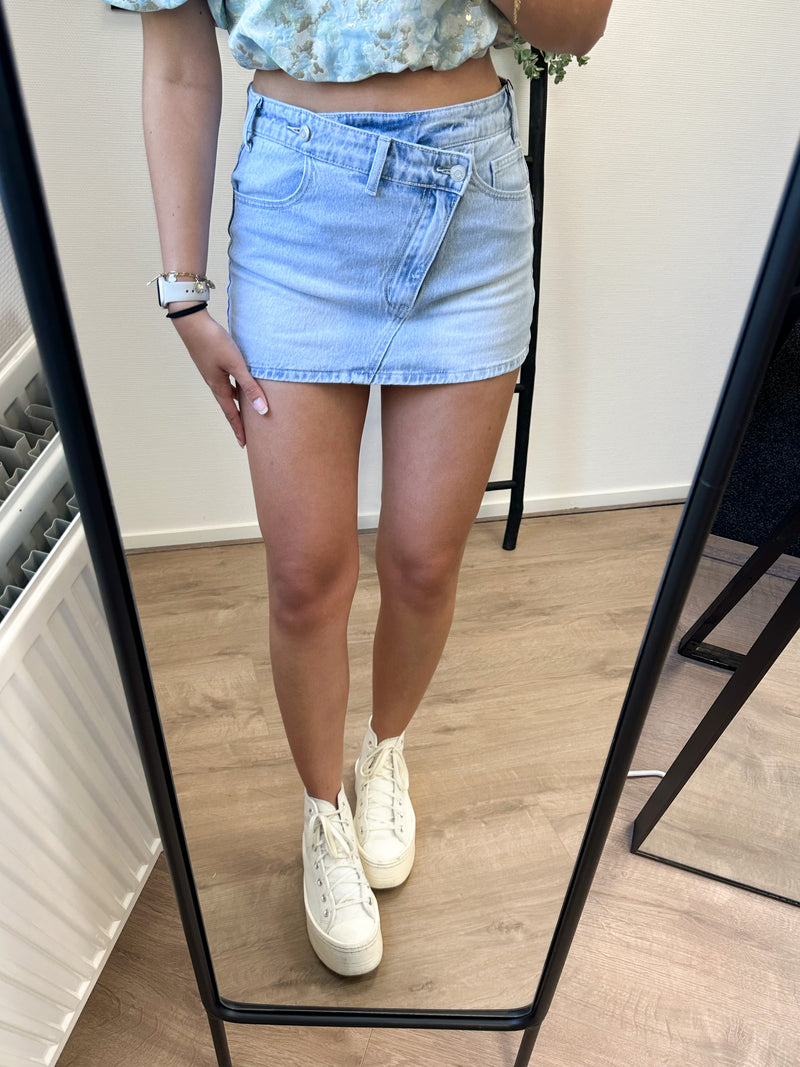Sophie Cross Waist Denim Skort - Light Blue Denim
