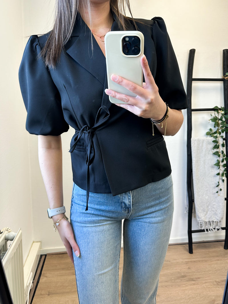 Lorah Bow Short Sleeve Blazer - Black