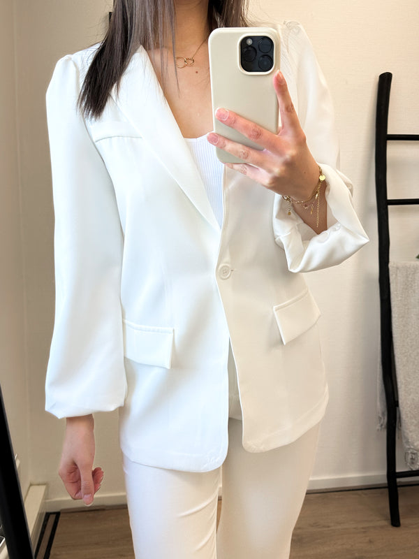 Jennifer Puff Sleeve Belt Blazer - White