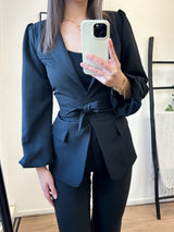 Jennifer Puff Sleeve Belt Blazer - Black