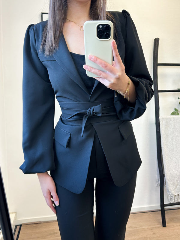 Jennifer Puff Sleeve Belt Blazer - Black