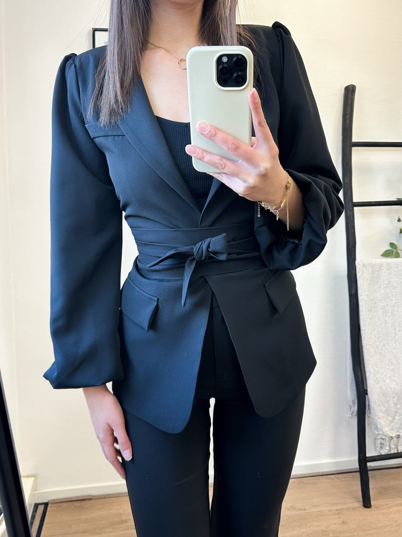 Jennifer Puff Sleeve Belt Blazer - Black