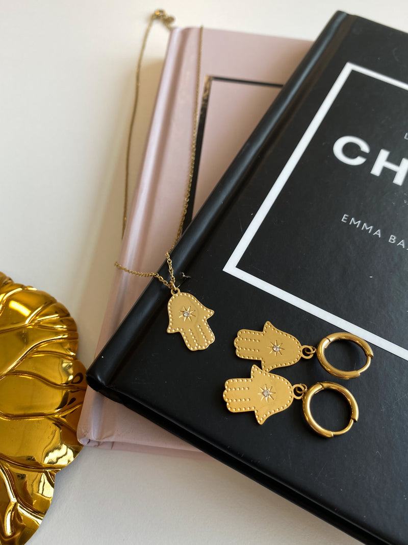 Oorbel hanger hand met ster - Goud