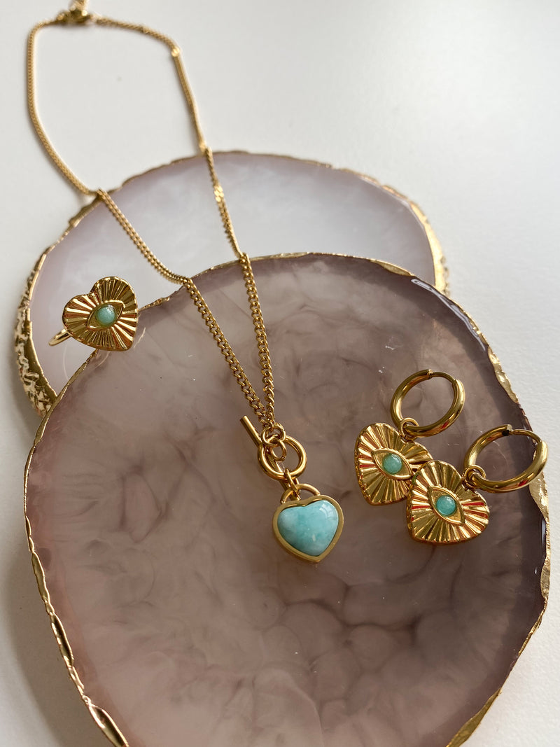 Oorbel hanger hart met blauwe steen - Goud